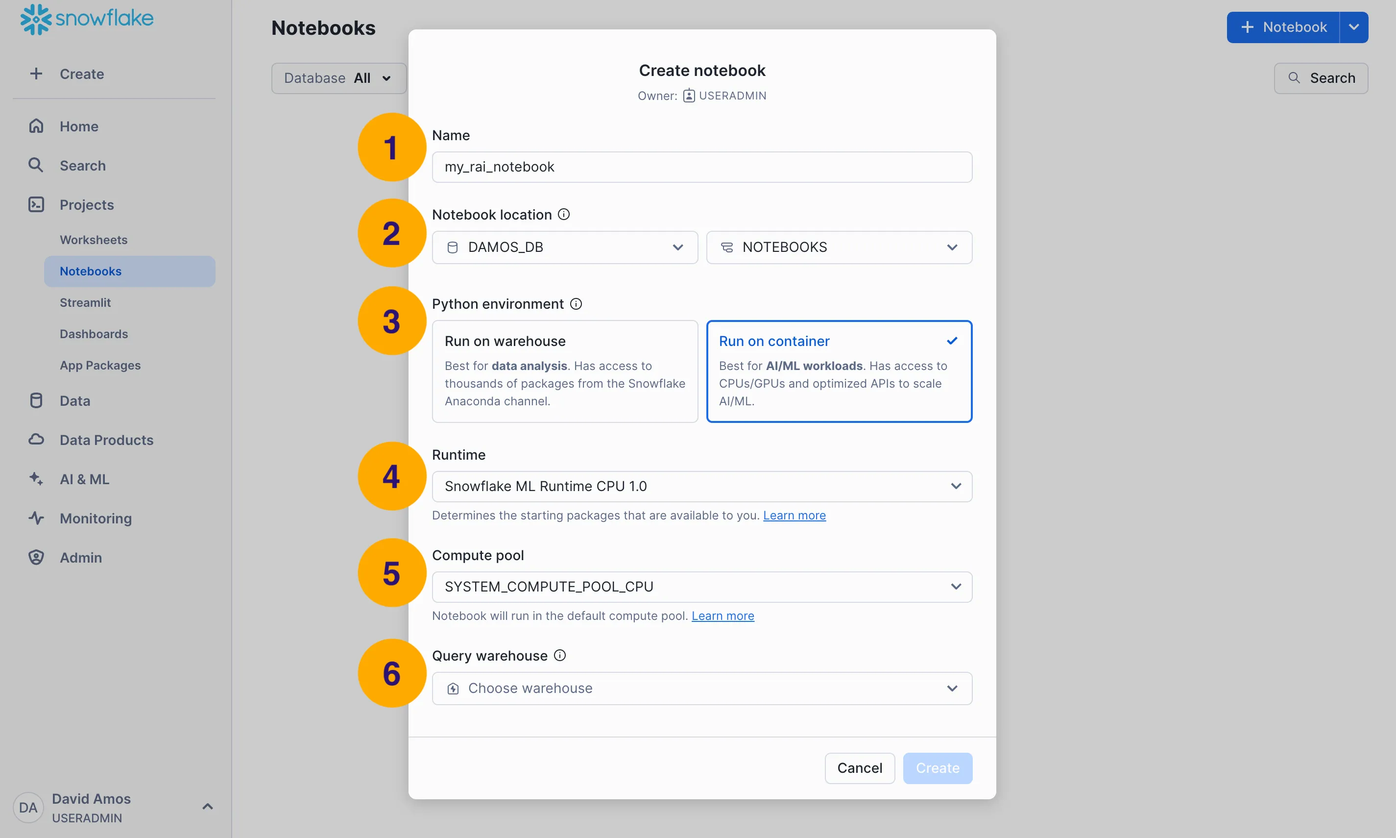 Configure your notebook and its resources using the Create Notebook modal.