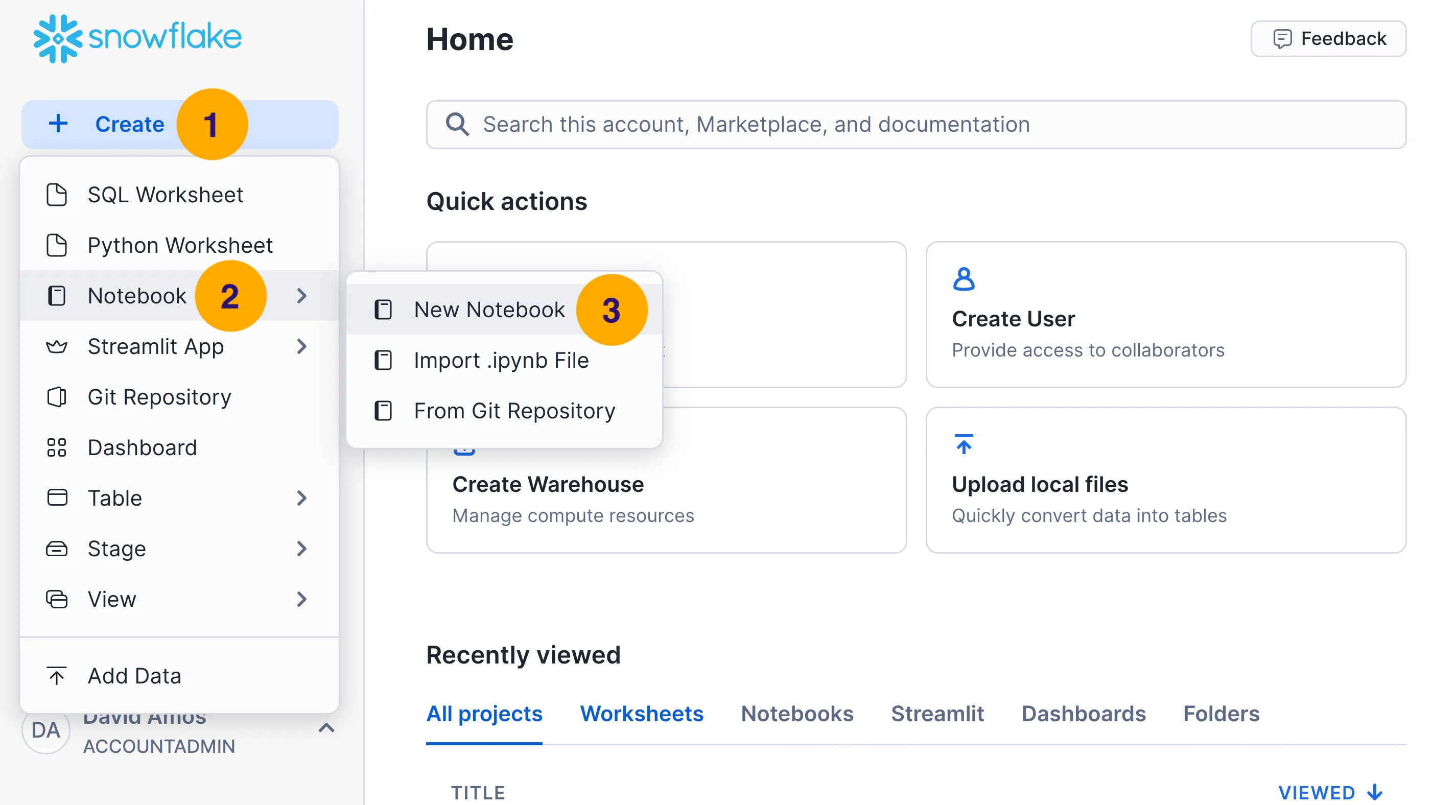 Creating a new notebook using the Snowflake Snowsight UI.