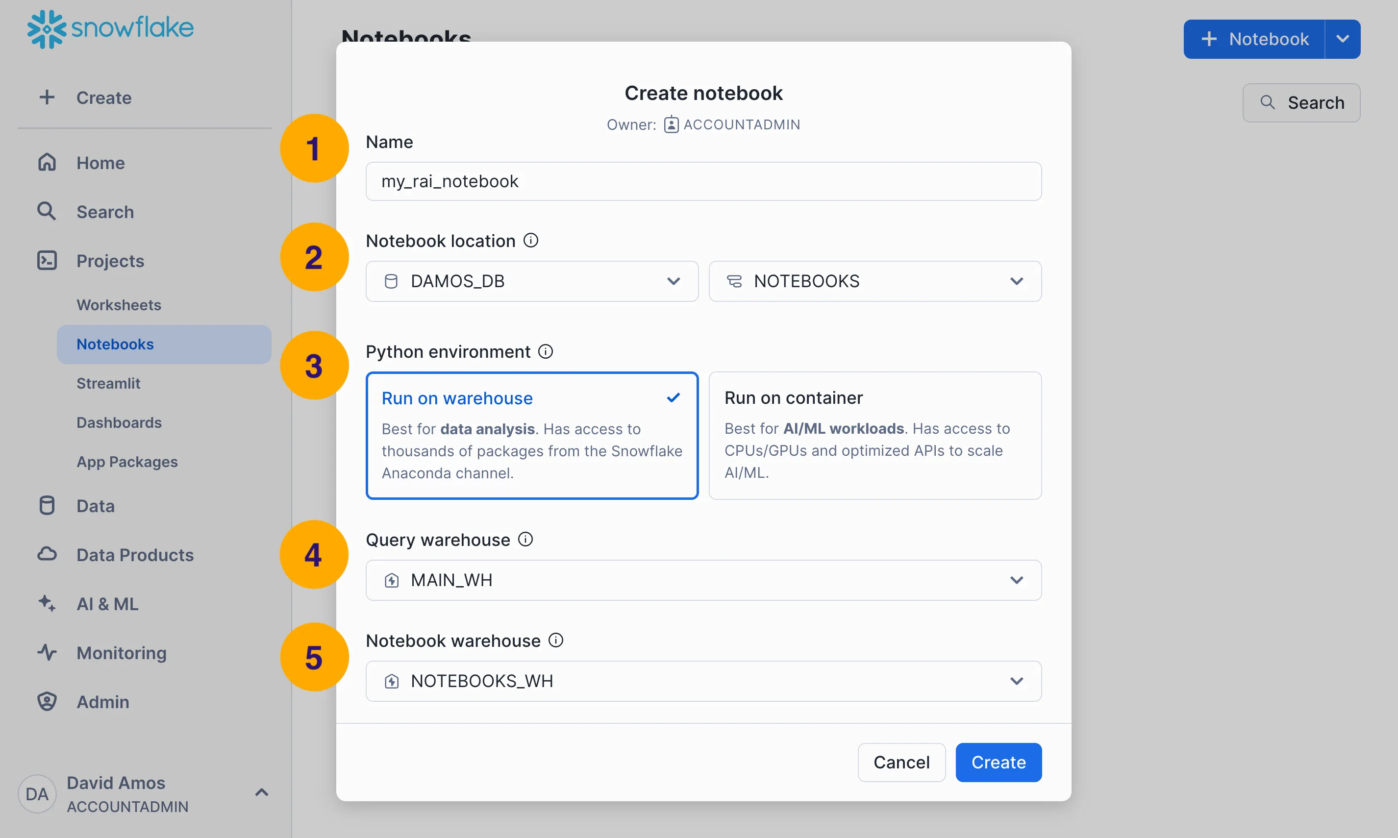 Configure your notebook and its resources using the Create Notebook modal.