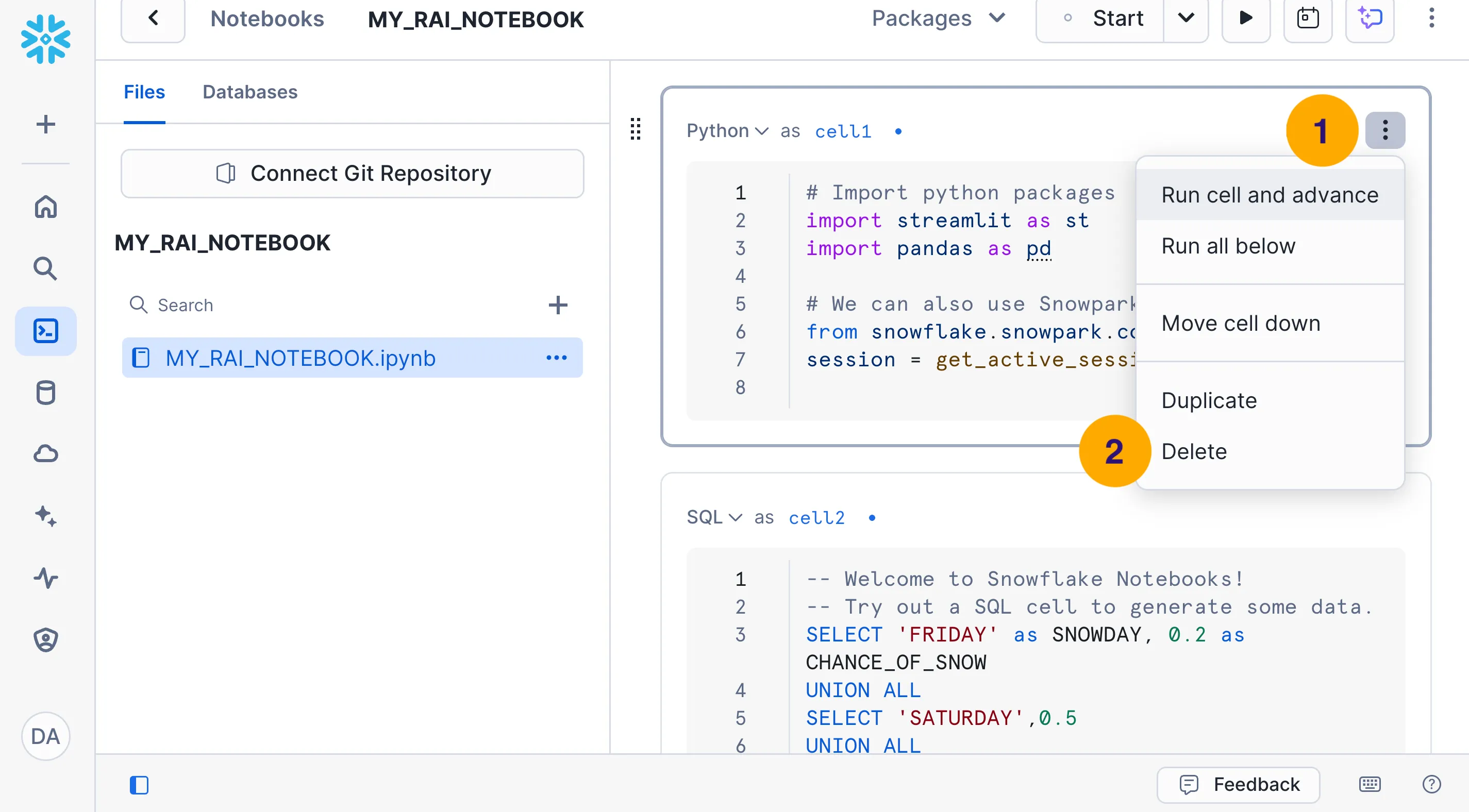 Deleting sample code cells from your new notebook.