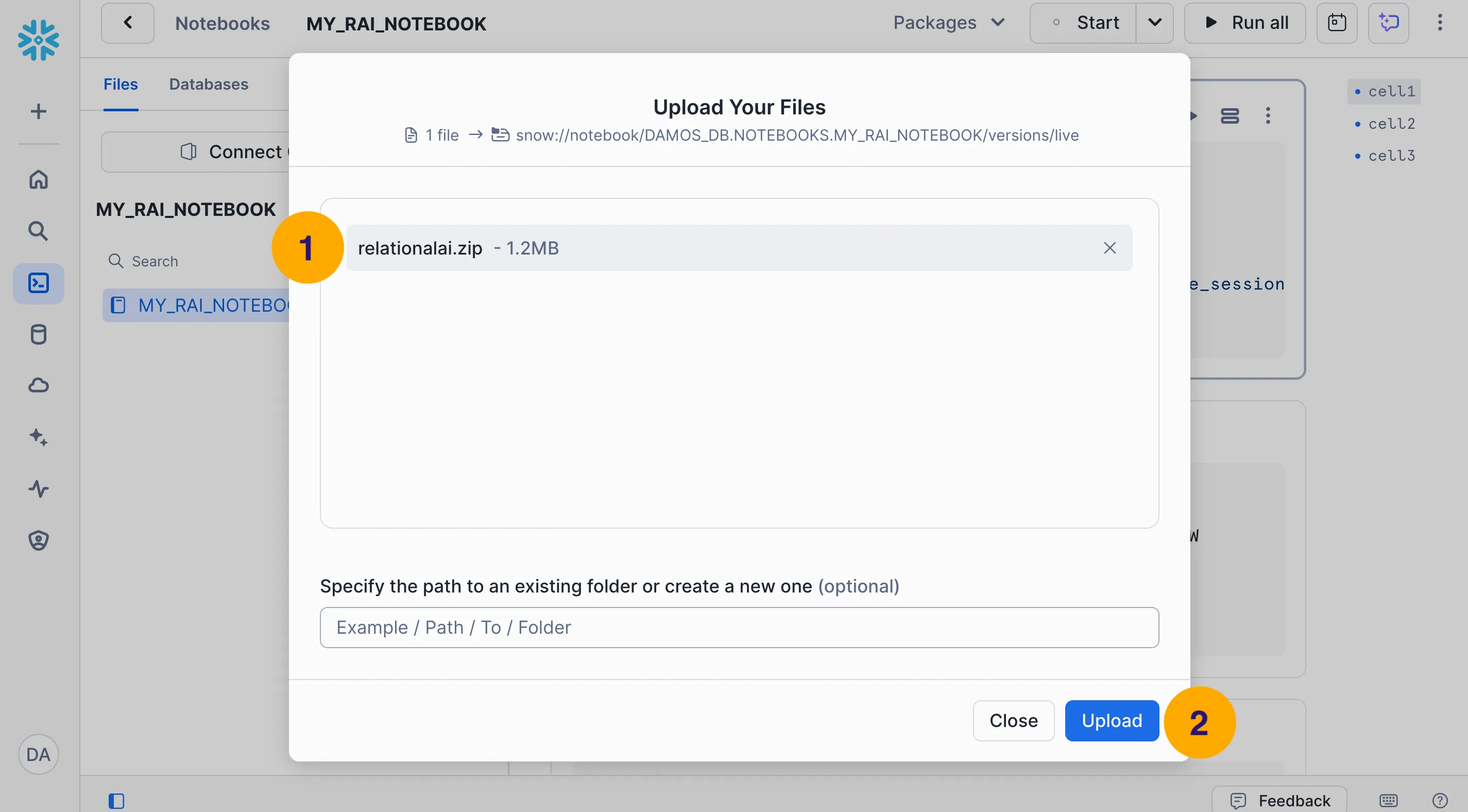 Uploading the relationalai.zip file.