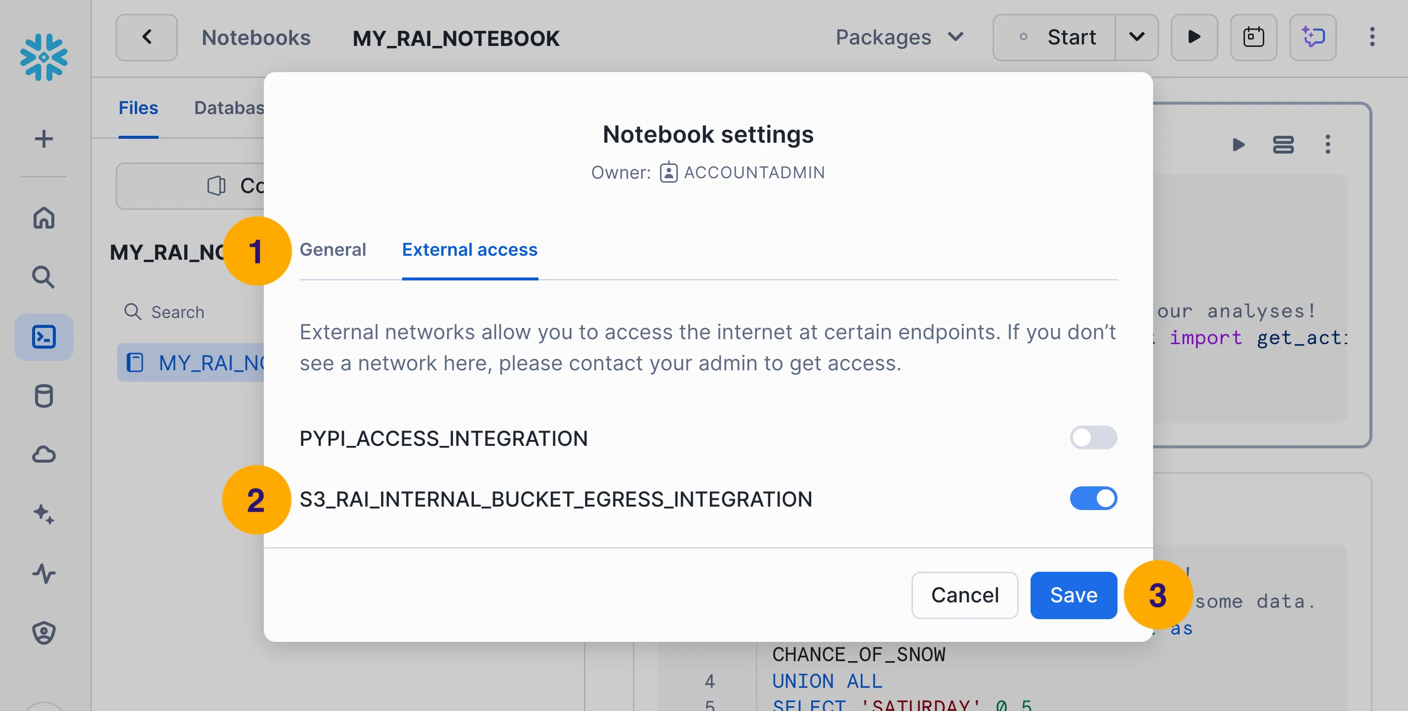 Configure external access for your notebook so that it can access the RAI Native App.