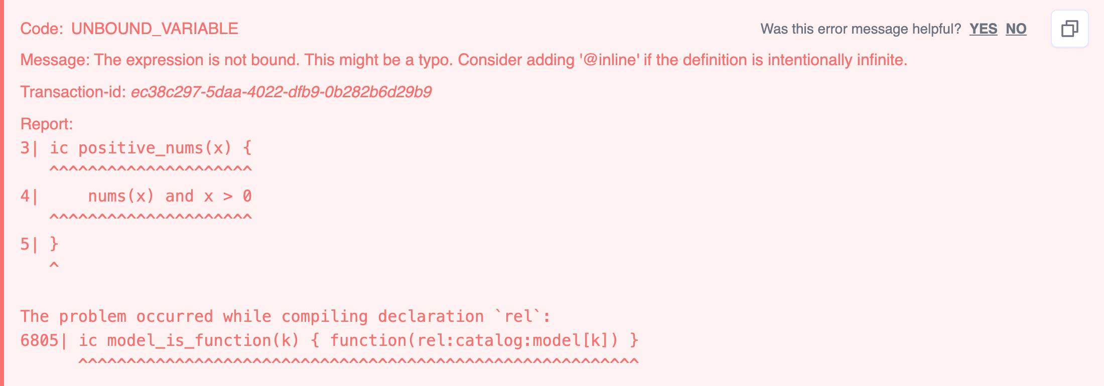 A red box containing the words UNBOUND PARAMETER, the definition of the positive_nums IC, and the transaction ID.