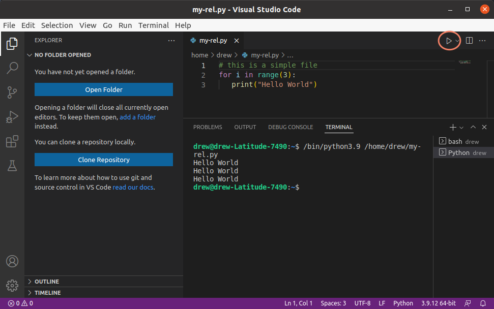 Simple Python example run in VSCode